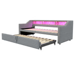 Upholstered Sofa Bed, Pull-Out with Storage, LED & USB, Light Grey