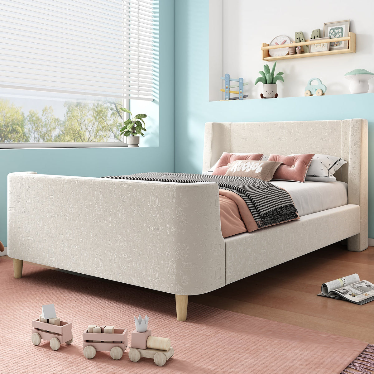 Upholstered Children's Bed, Single Sleigh with Cosmic Pattern, Beige Velvet