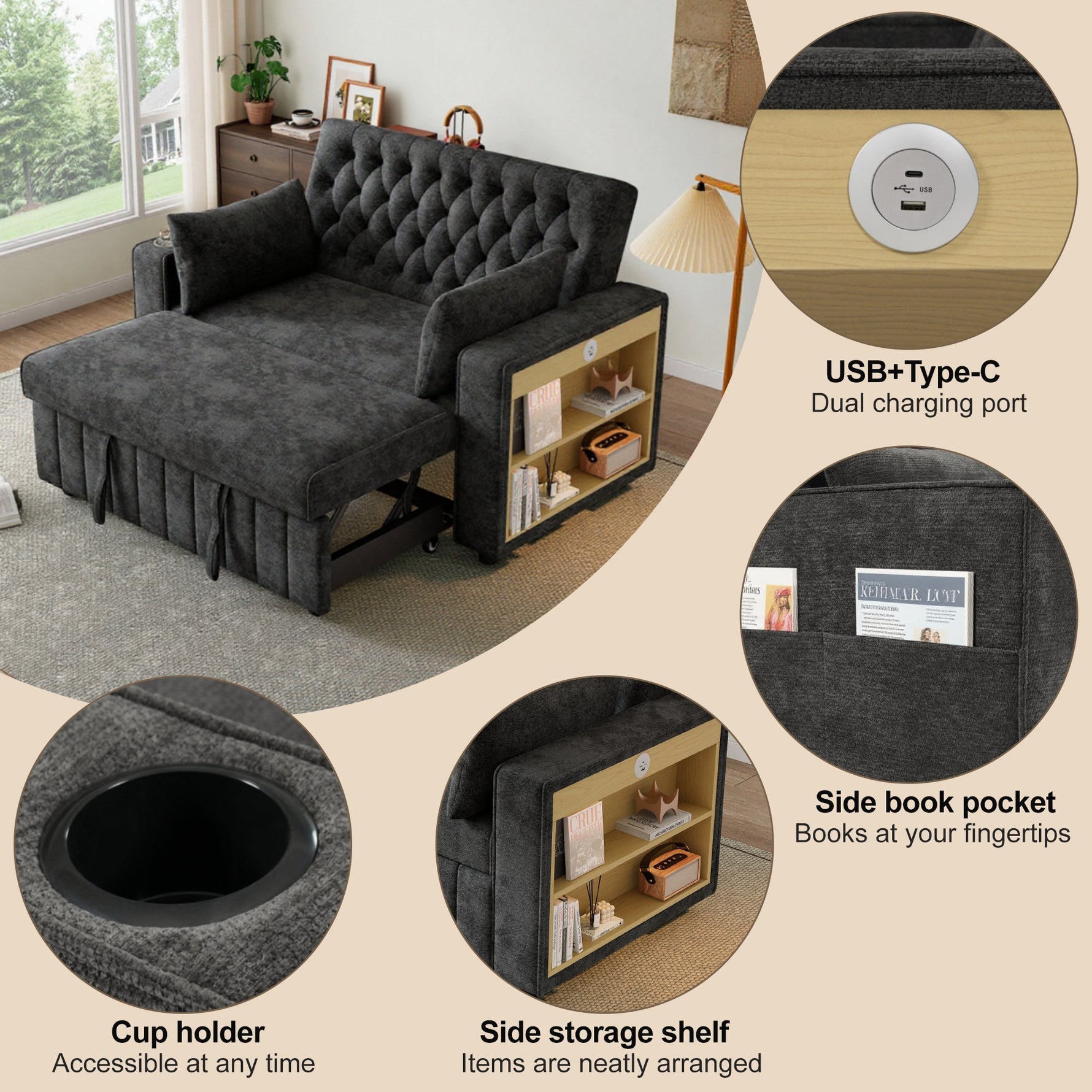 Sofa Bed, Folding with Storage, Cup Holder, USB, Gray