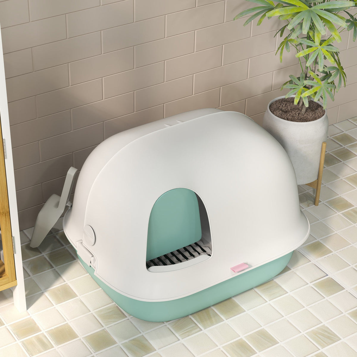 Cat Litter Box, Sieve, Closed, Plastic, Green