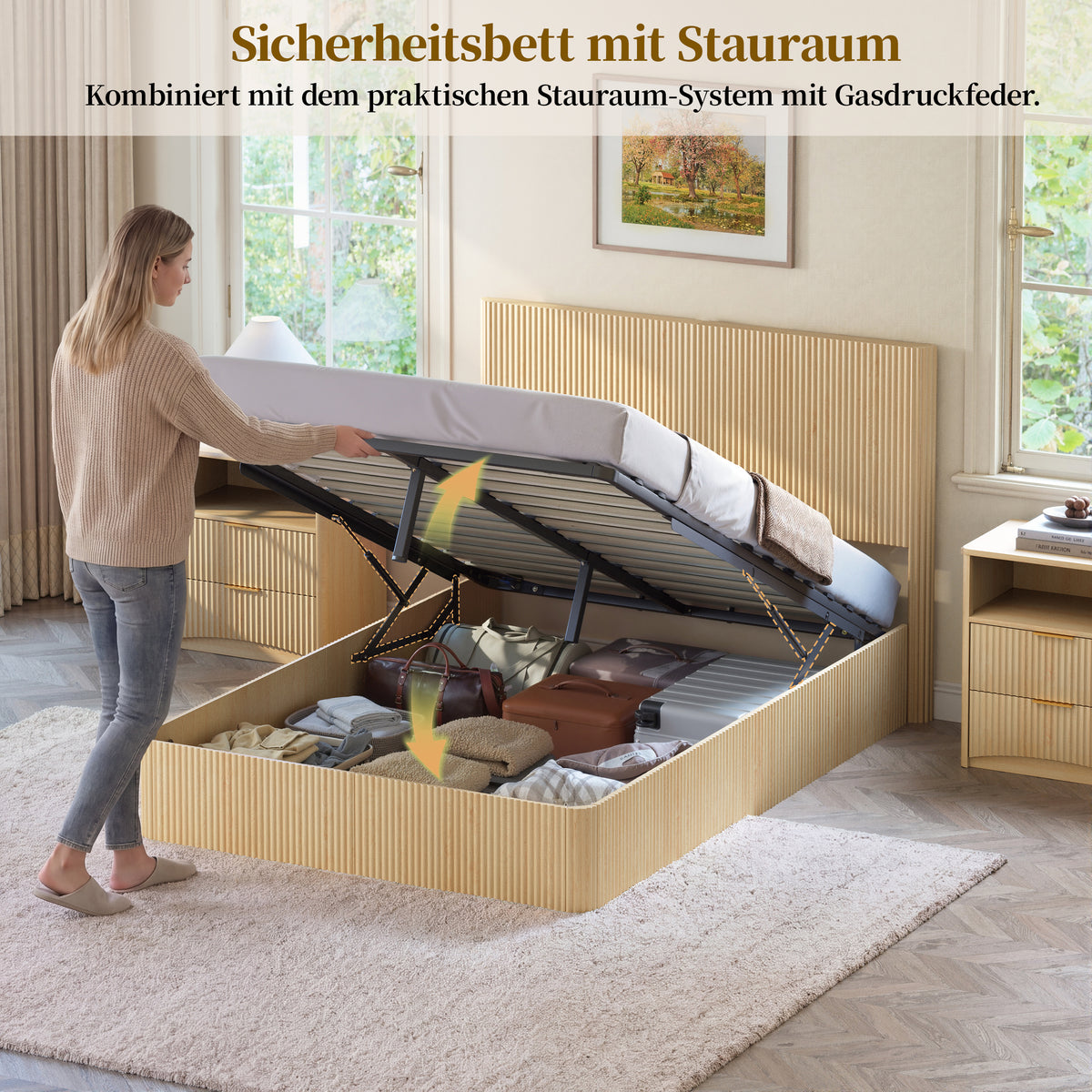 Modern Storage Bed 140x200cm with Hydraulic Lift, Light Oak