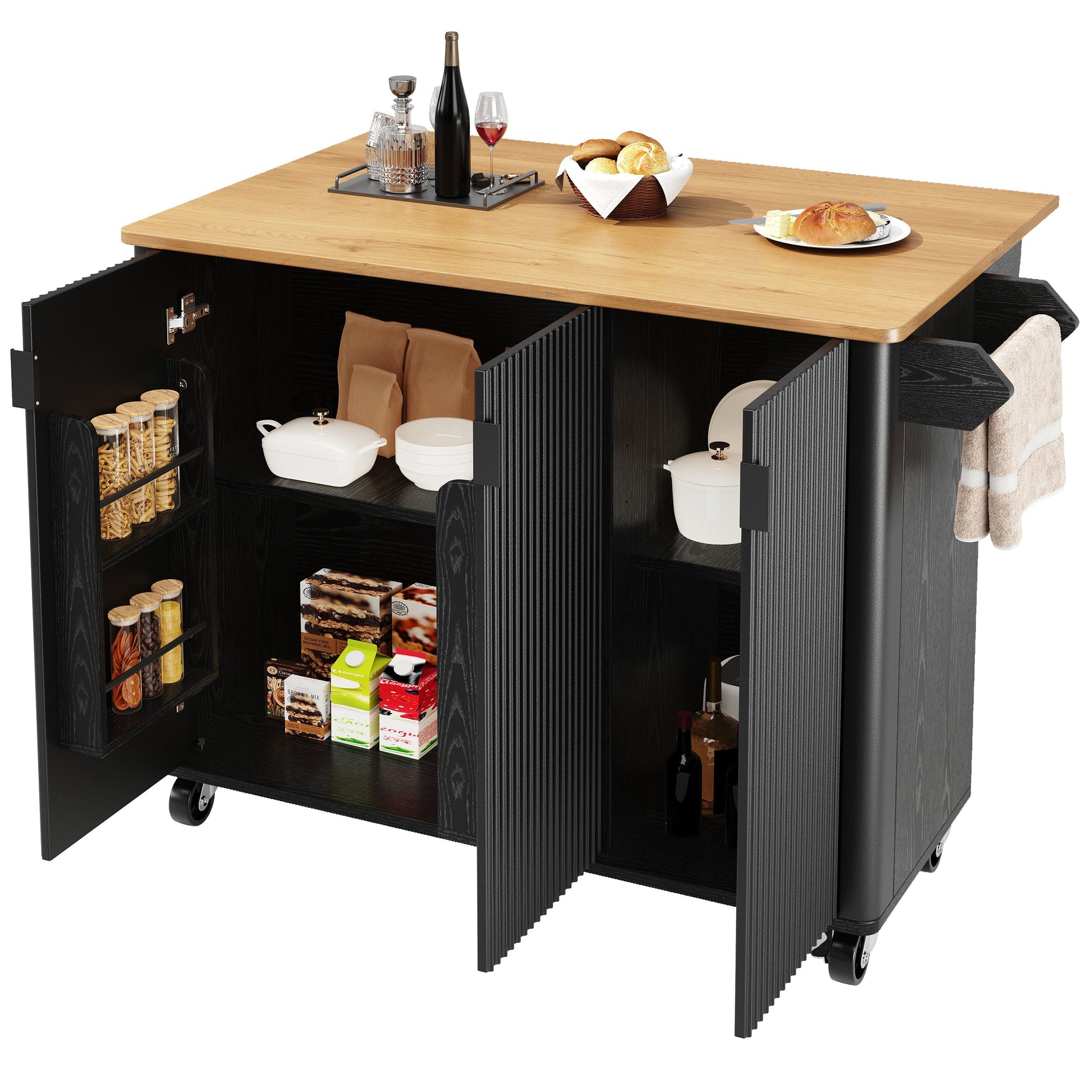 Kitchen Island Extendable 130cm Trolley 3 Doors Spice Rack - White/Black