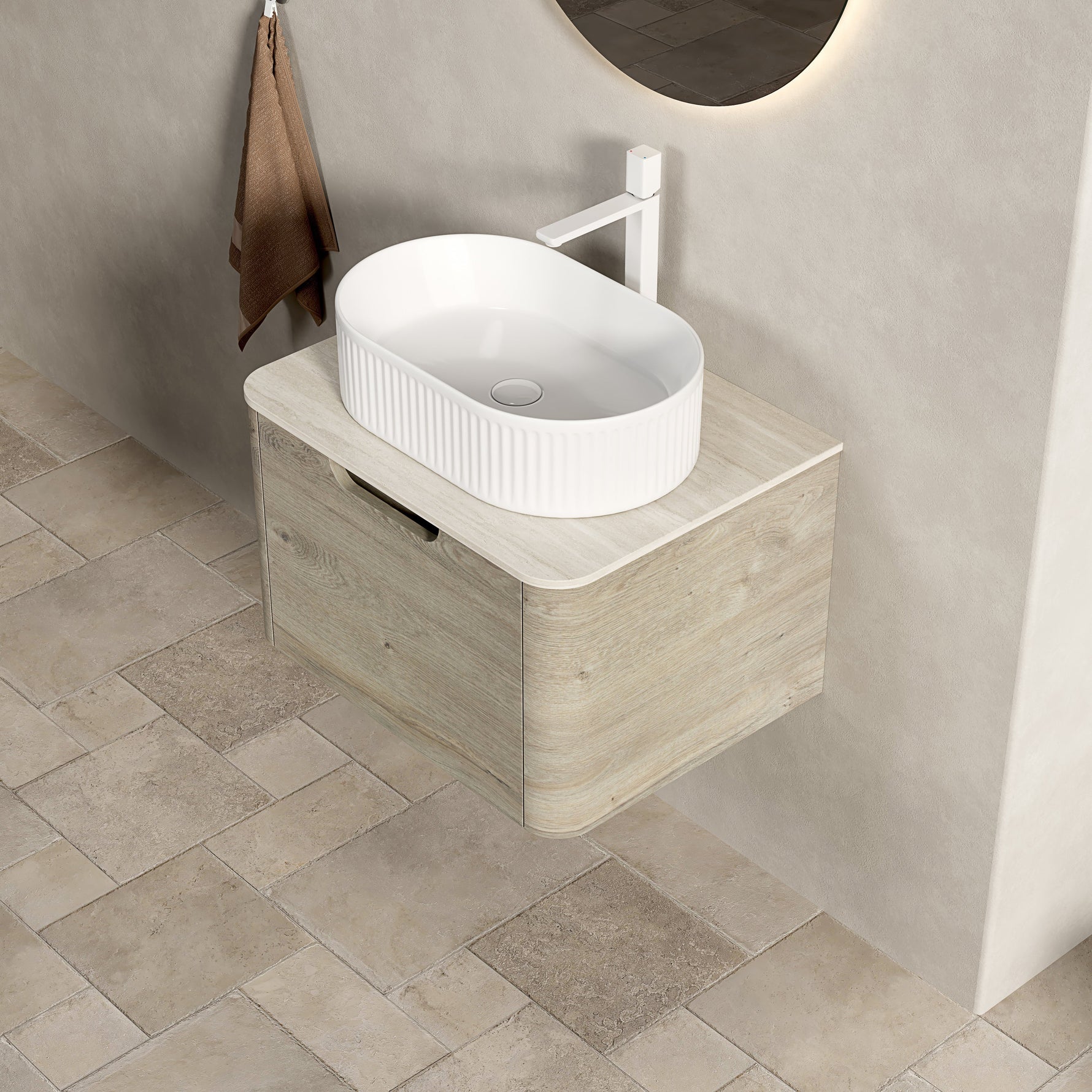Floating Bathroom Vanity Unit with Oval Sink and Sintered Stone Top, Oak Cream Wood Grain