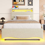 Upholstered Bed with LED Lighting, Hydraulic Storage, and USB Ports, Beige Linen Fabric