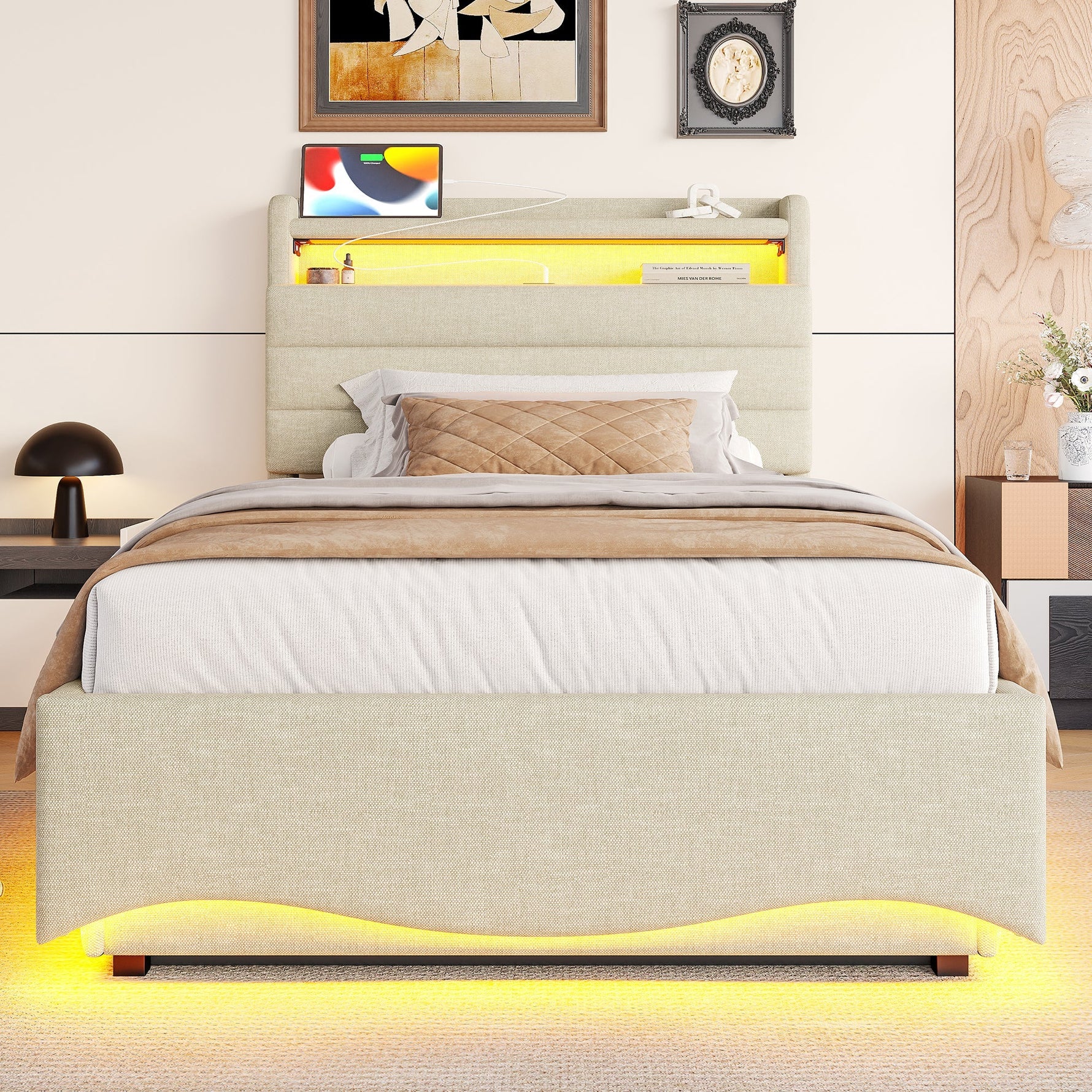 Upholstered Bed with LED Lighting, Hydraulic Storage, and USB Ports, Beige Linen Fabric