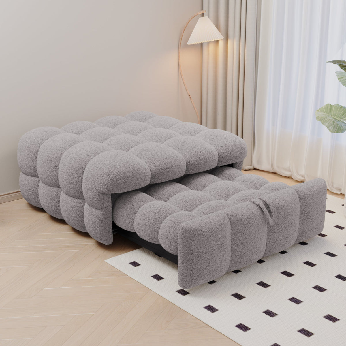 Upholstered Bed 2-in-1 Footstool Pull-Out Single Sofa Teddy Fabric Grey