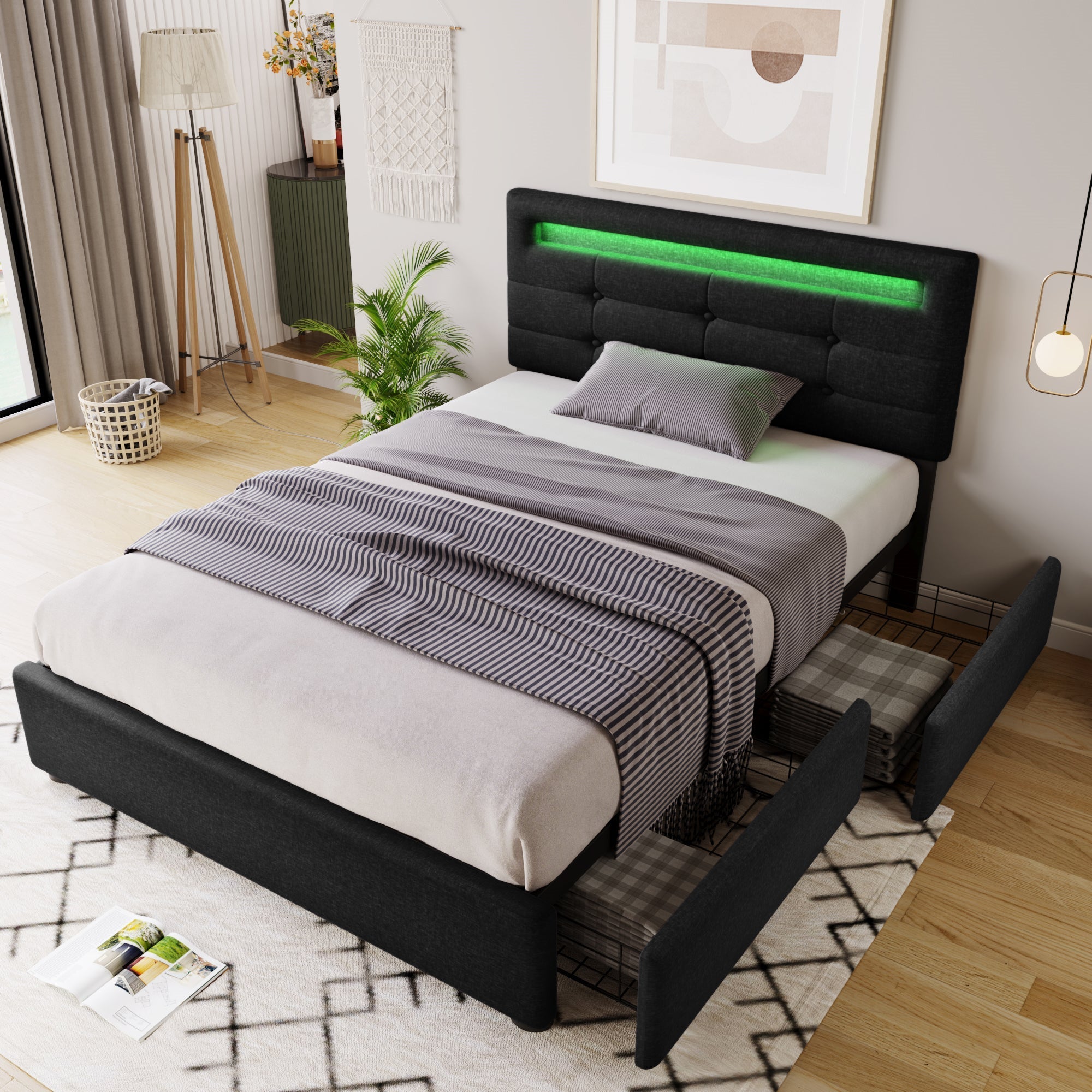Bed Frame with LED, 2 Drawers, Adjustable Headboard, Black