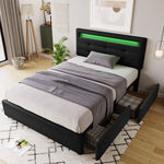 Bed Frame with LED, 2 Drawers, Adjustable Headboard, Black