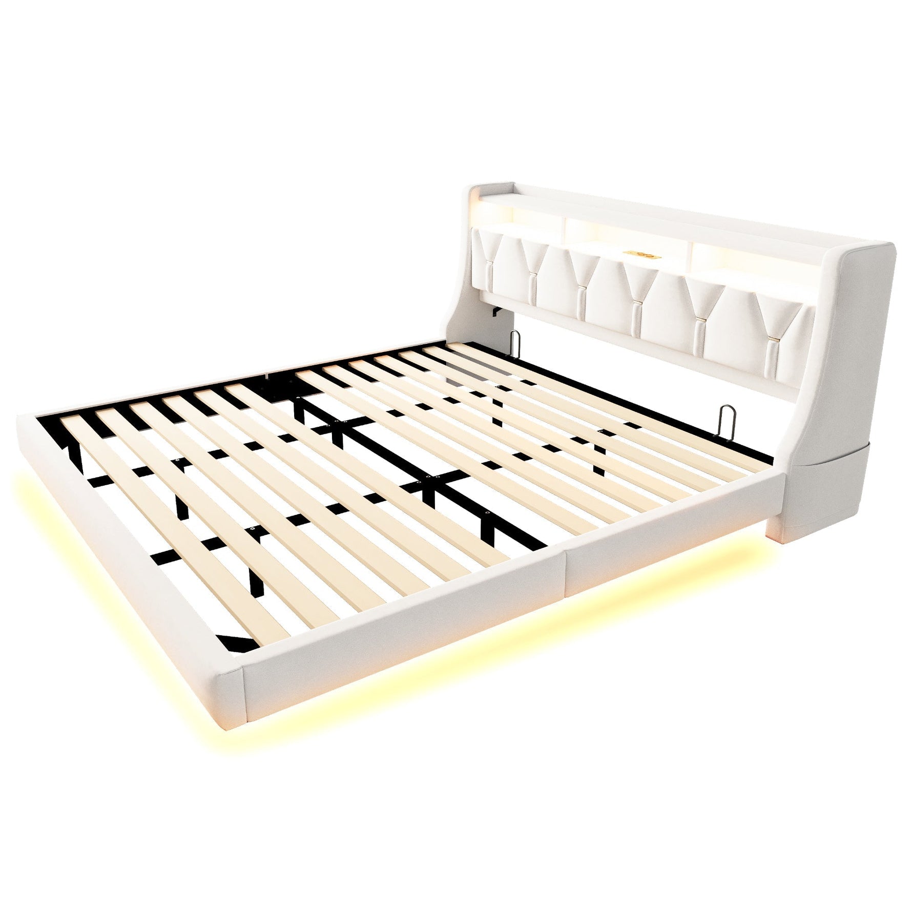 Upholstered Bed 180 x 200 cm with Storage Headboard, Charging Station and LED Lighting, Beige Velvet Fabric