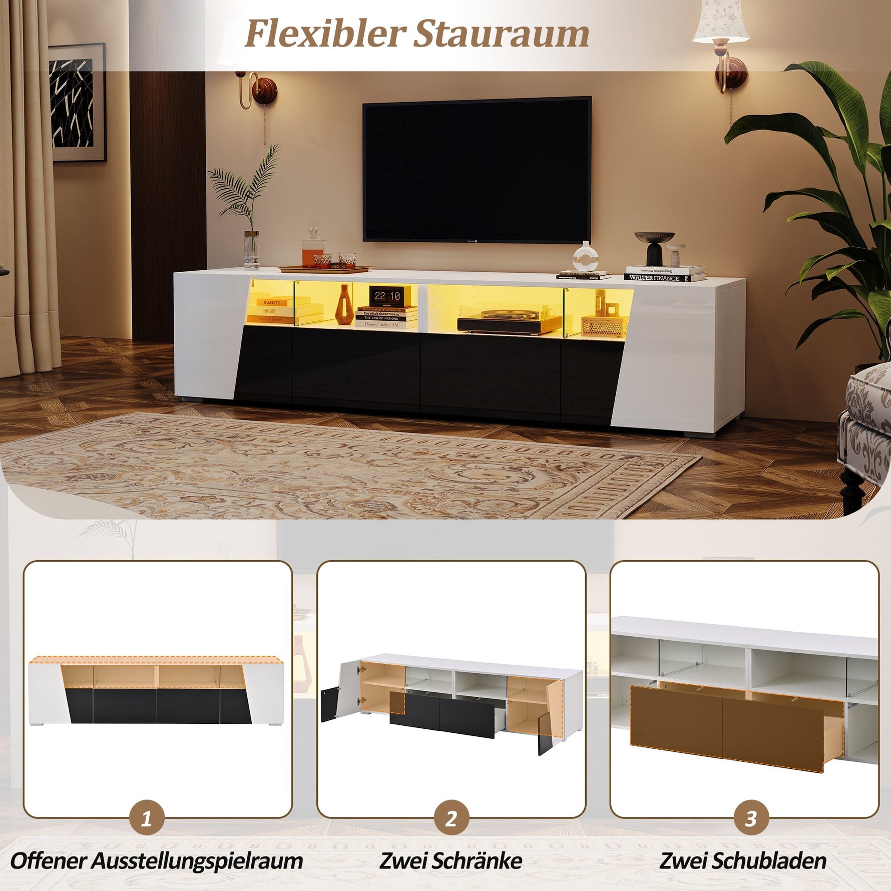 High-Gloss TV Stand 180cm LED 2 Drawers 2 Cabinets For 80 Inch TV - White/Black