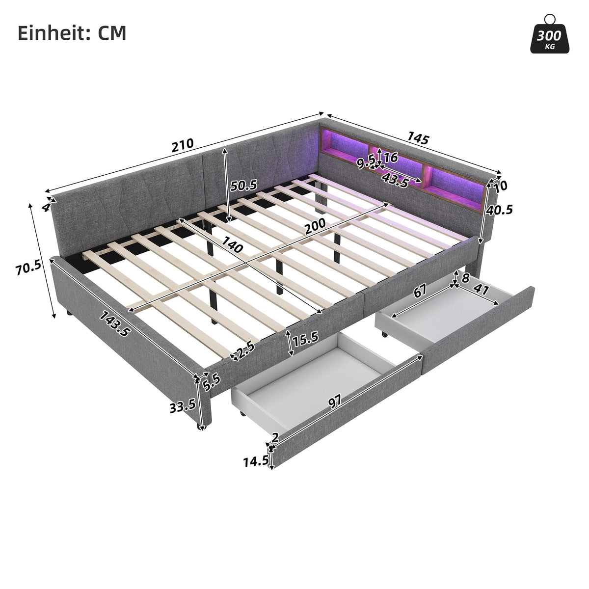 Daybed Sofa Bed 140x200cm Storage LED USB/Type-C 2 Drawers - Linen Grey