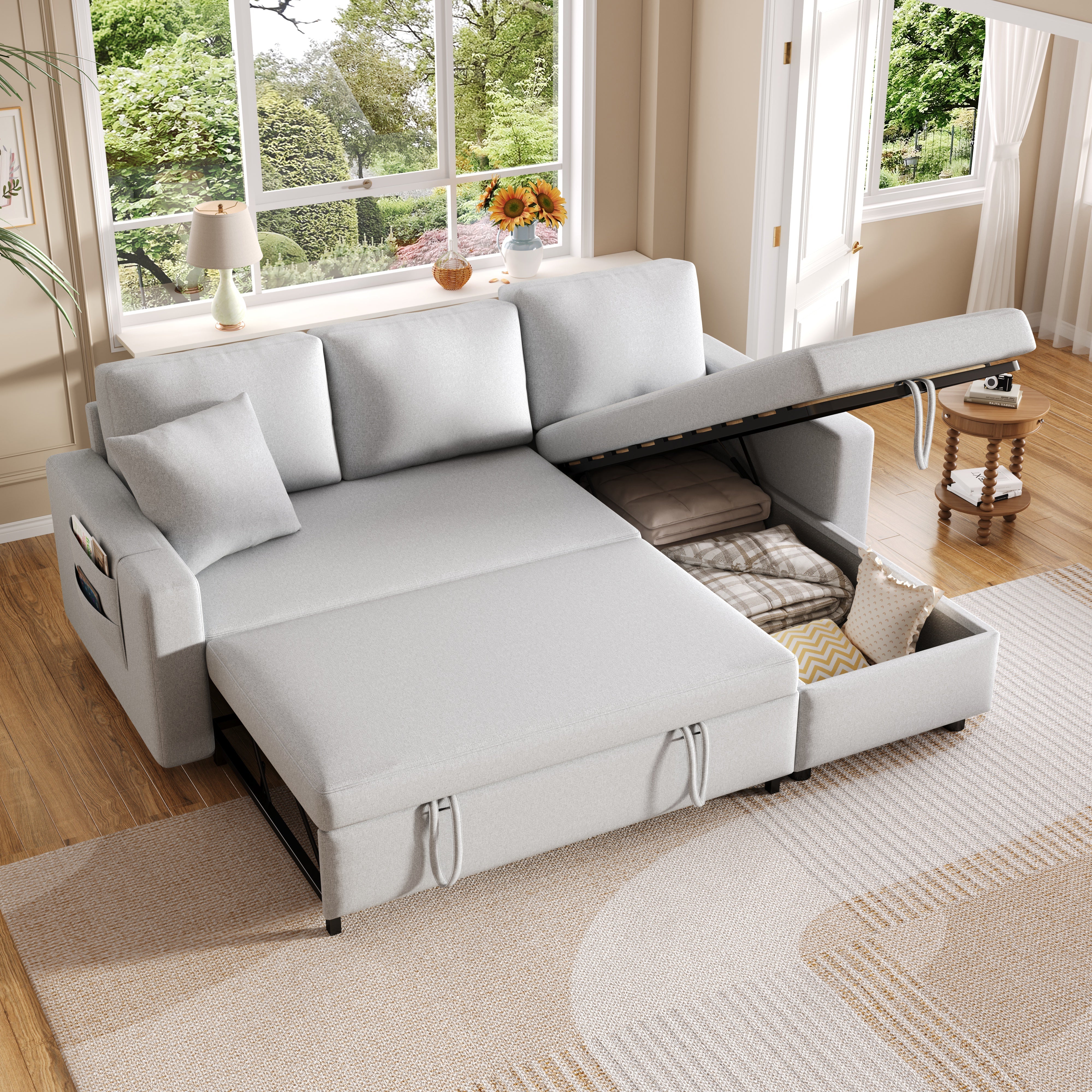 Sleeper Sofa L-Shaped Chaise Longue Reversible Storage with Pocket