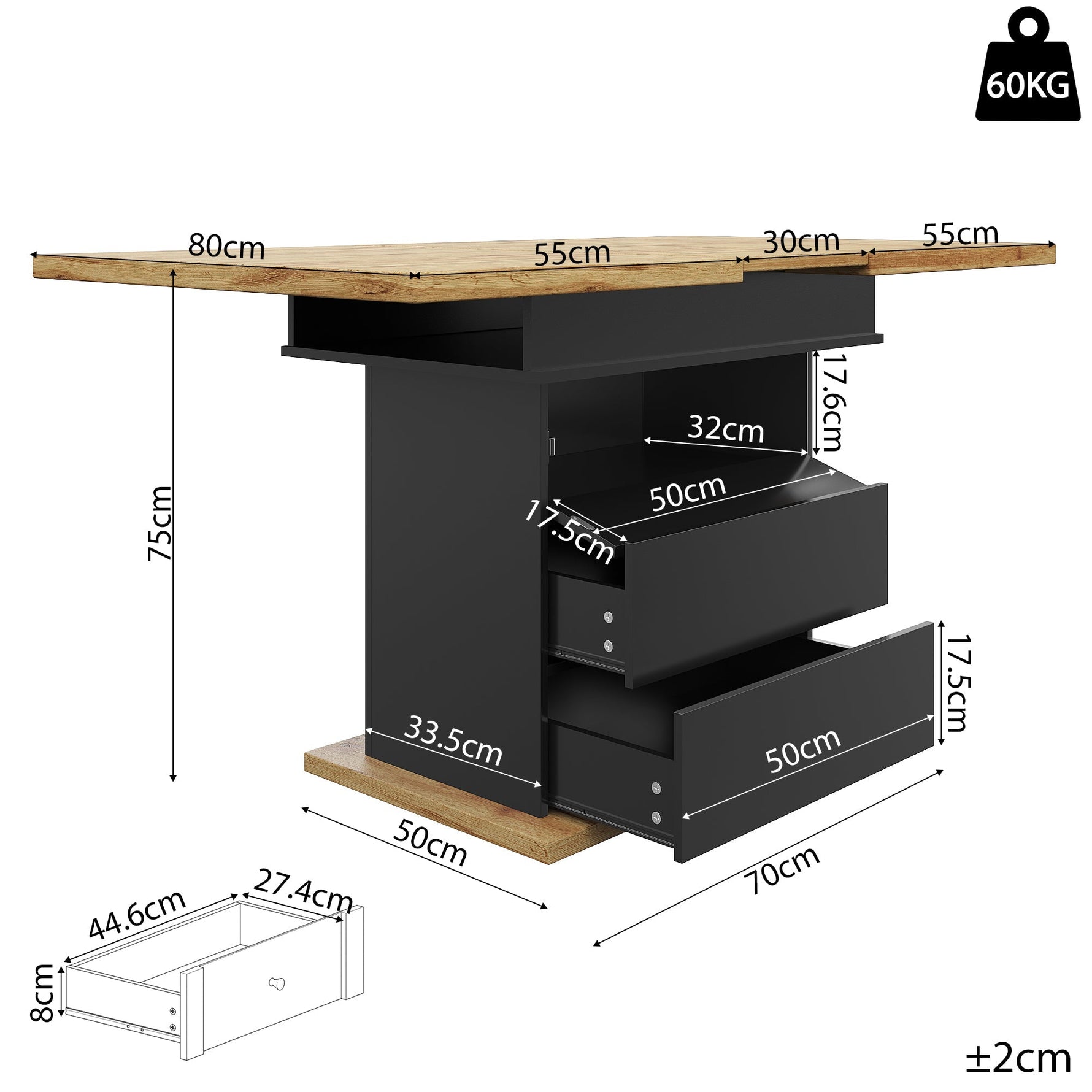 Telescopic Dining Table, Extendable with Storage Shelves for 4-6 People, Black
