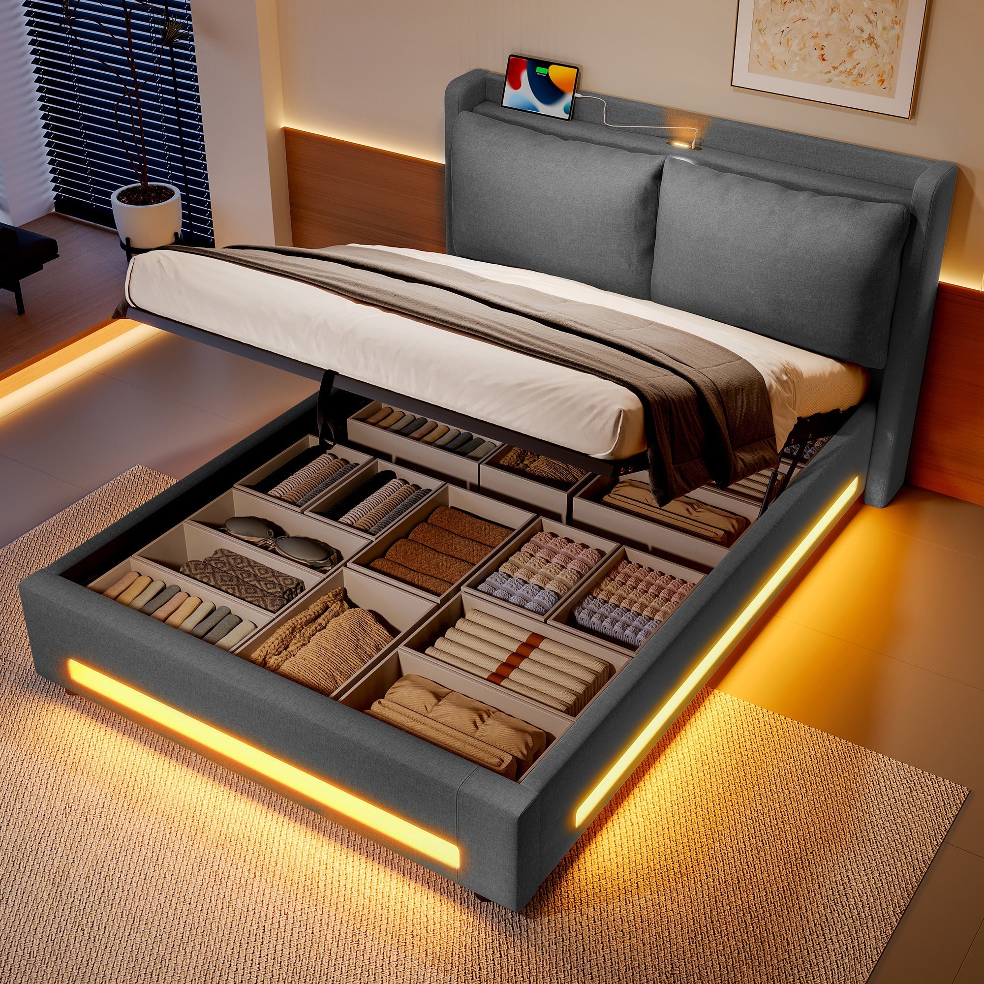 Upholstered Bed 160x200cm with Stylish Headboard, Storage, USB-C Ports, and LED Lighting