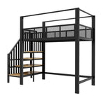 Metal Loft Bed 90x200cm with Canopy, Desk & Storage Steps, Black