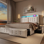 Upholstered Bed 140x200, LED Headboard with USB-C, 4-Drawer Storage, Beige Cotton