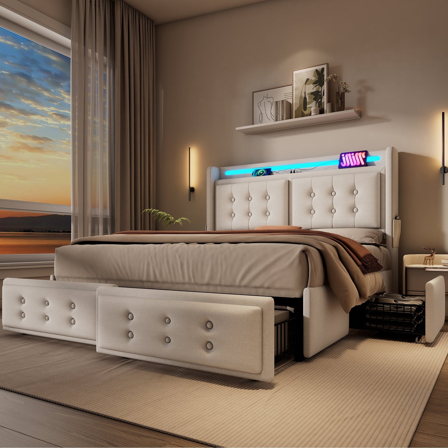 Upholstered Bed 140x200, LED Headboard with USB-C, 4-Drawer Storage, Beige Cotton