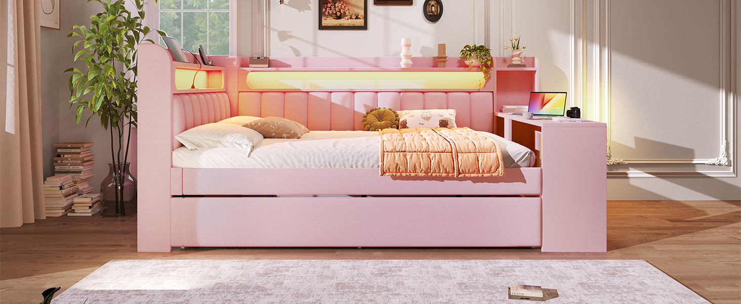 Upholstered Daybed with USB Ports, LED, Pull-out Bed and Desk, 140x200, Pink