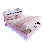 Smart Upholstered Bed with LED Lighting, USB and Hydraulic Storage, 180 x 200 cm, Pink Velvet