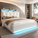 Upholstered Bed Frame, LED Lighting, USB-C Charging, Storage, Beige