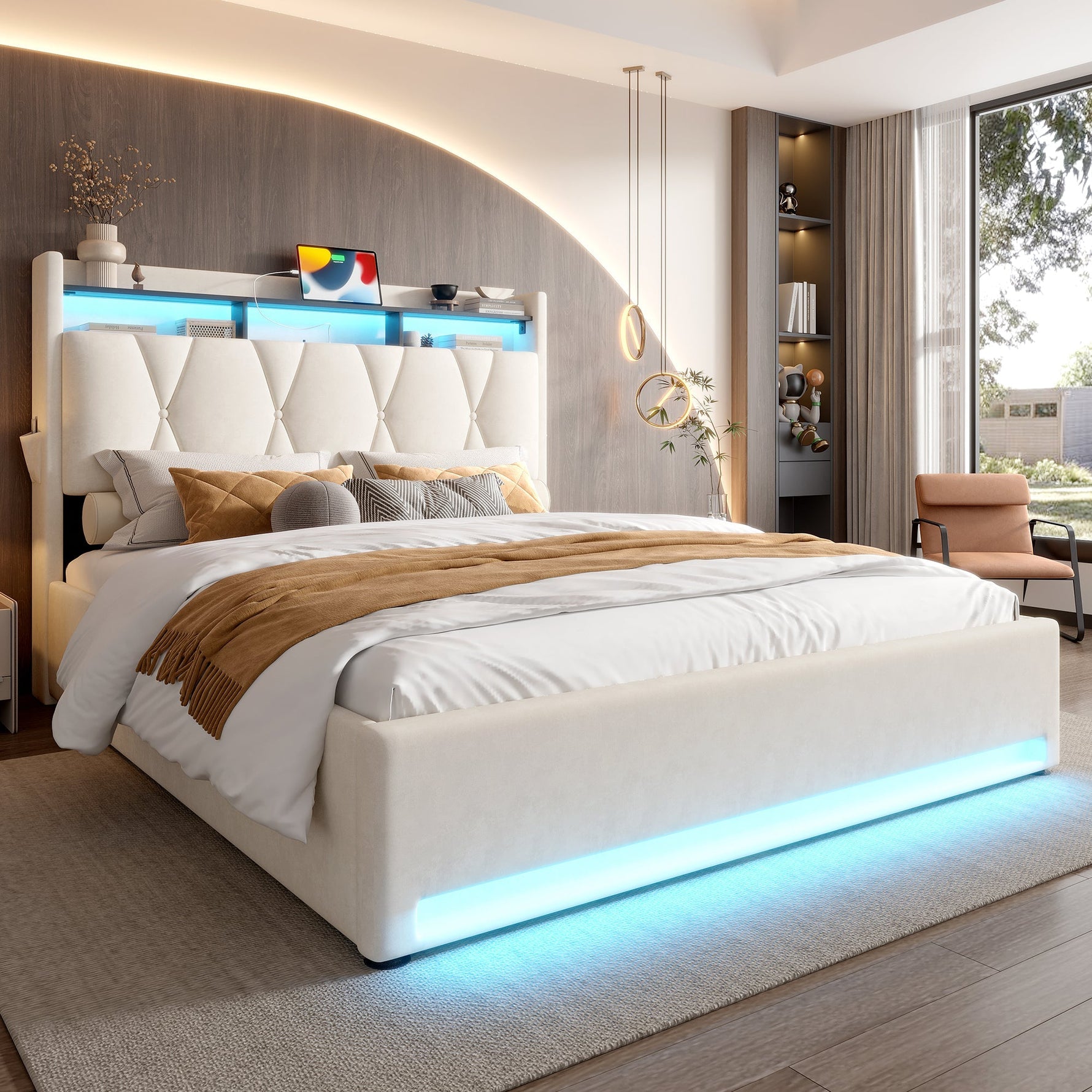 Upholstered Bed Frame 140x200 LED USB Hydraulic Storage Headboard, Beige