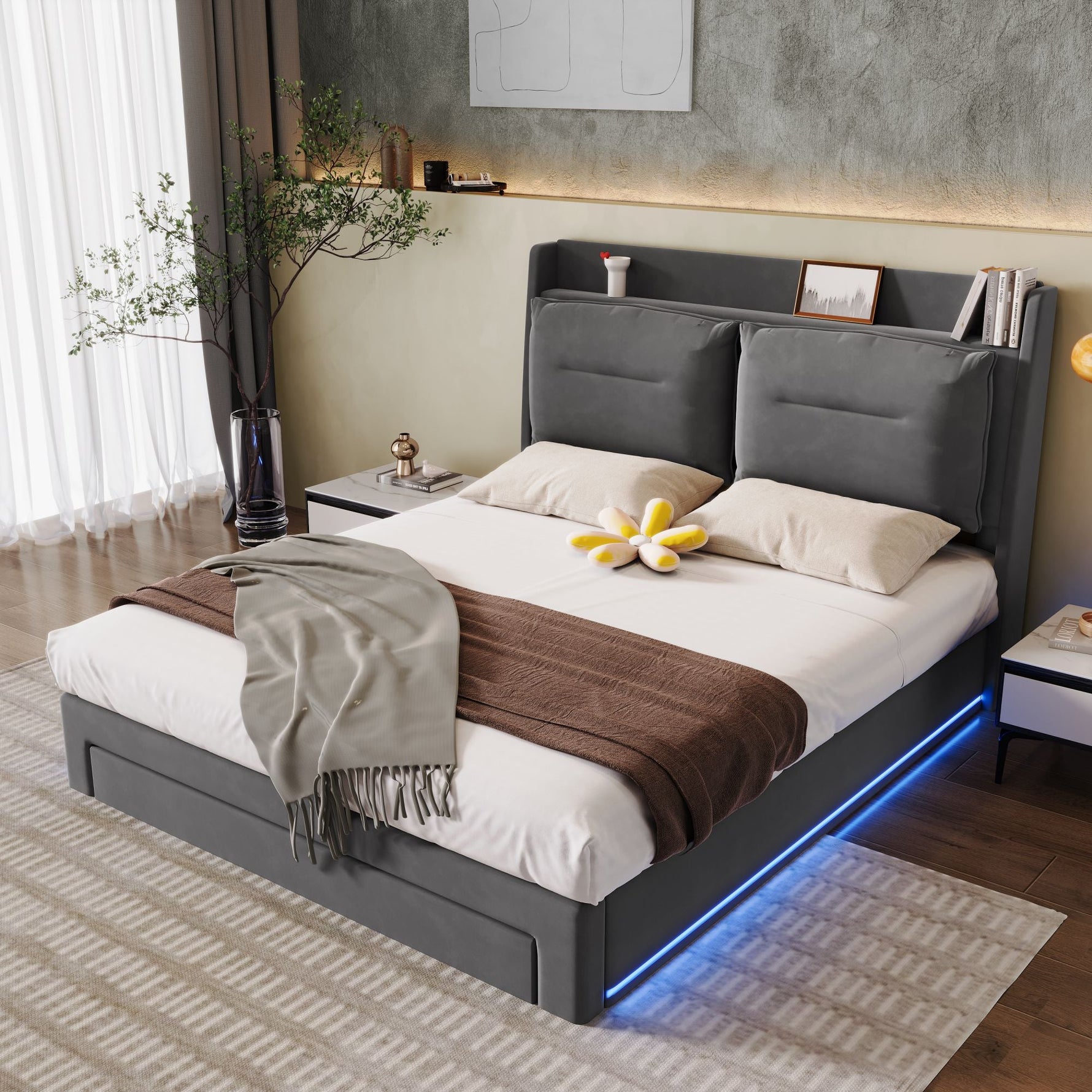LED upholstered bed, 140 × 190 cm, hydraulic bed, 2-in-1 storage drawers at the foot of the bed, built-in LED light strips on both sides of the bed, slatted base, mattress not included, velvet, grey.