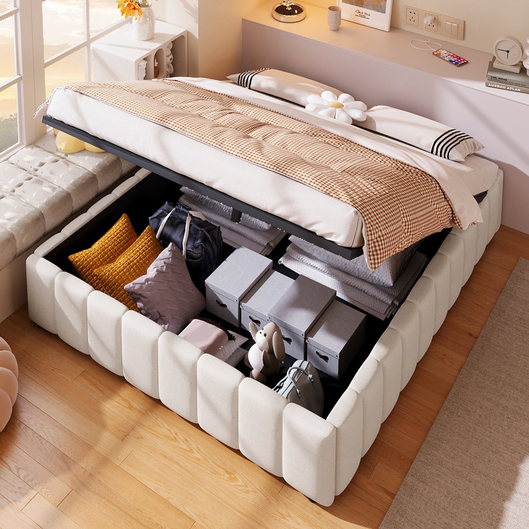 Upholstered Bed with Hydraulic Storage and No Headboard, 140x200cm, Beige