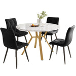 Dining Set 5-Piece Round Marble Table & 4 Velvet Chairs Gold Legs - Black