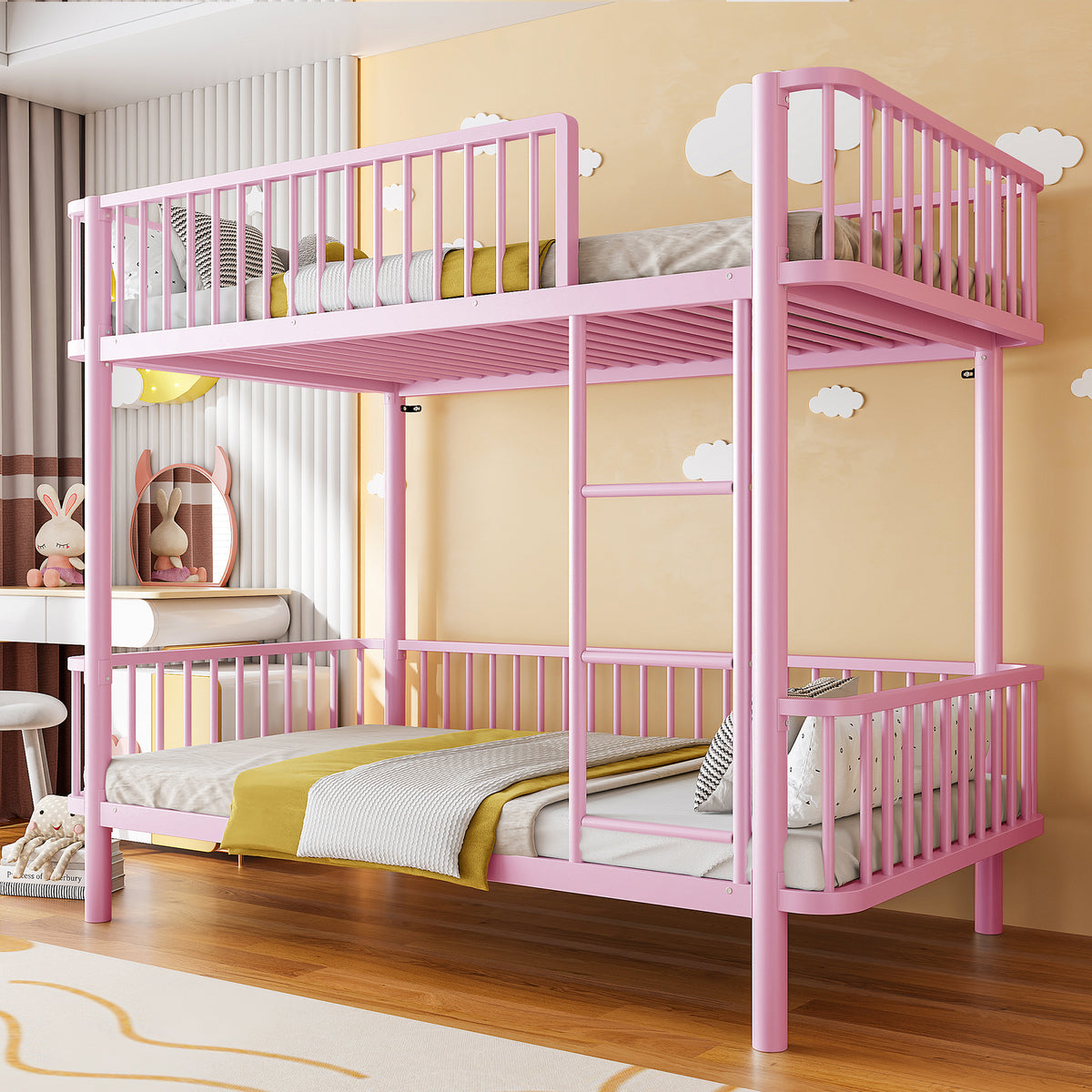 Metal Bunk Bed 90x200 with Safety Railing, Space-Saving, Black, Pink