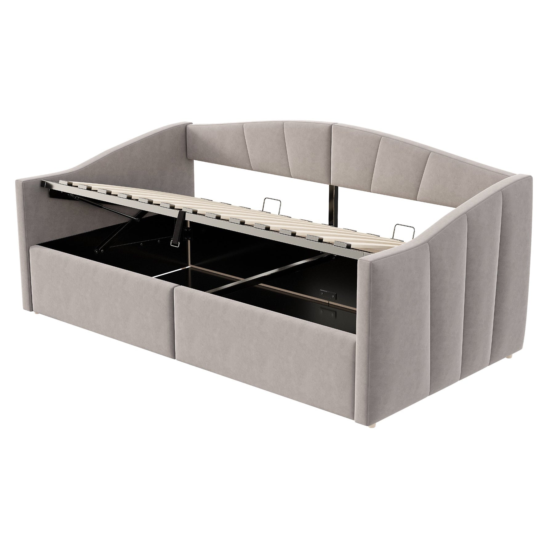 Upholstered Sofa Bed 90x200cm Hydraulic Storage Multifunctional Striped with Armrests Velvet Light Grey