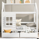 House Bed with Fall Protection, Window and Slatted Base, 80x160cm, White Solid Wood
