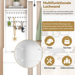 Hallway coat rack with padded storage bench and pegboard, with 4 hooks, white