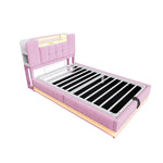 Smart Upholstered Bed for Children with LED, USB, and Hydraulic Storage, Pink Velvet