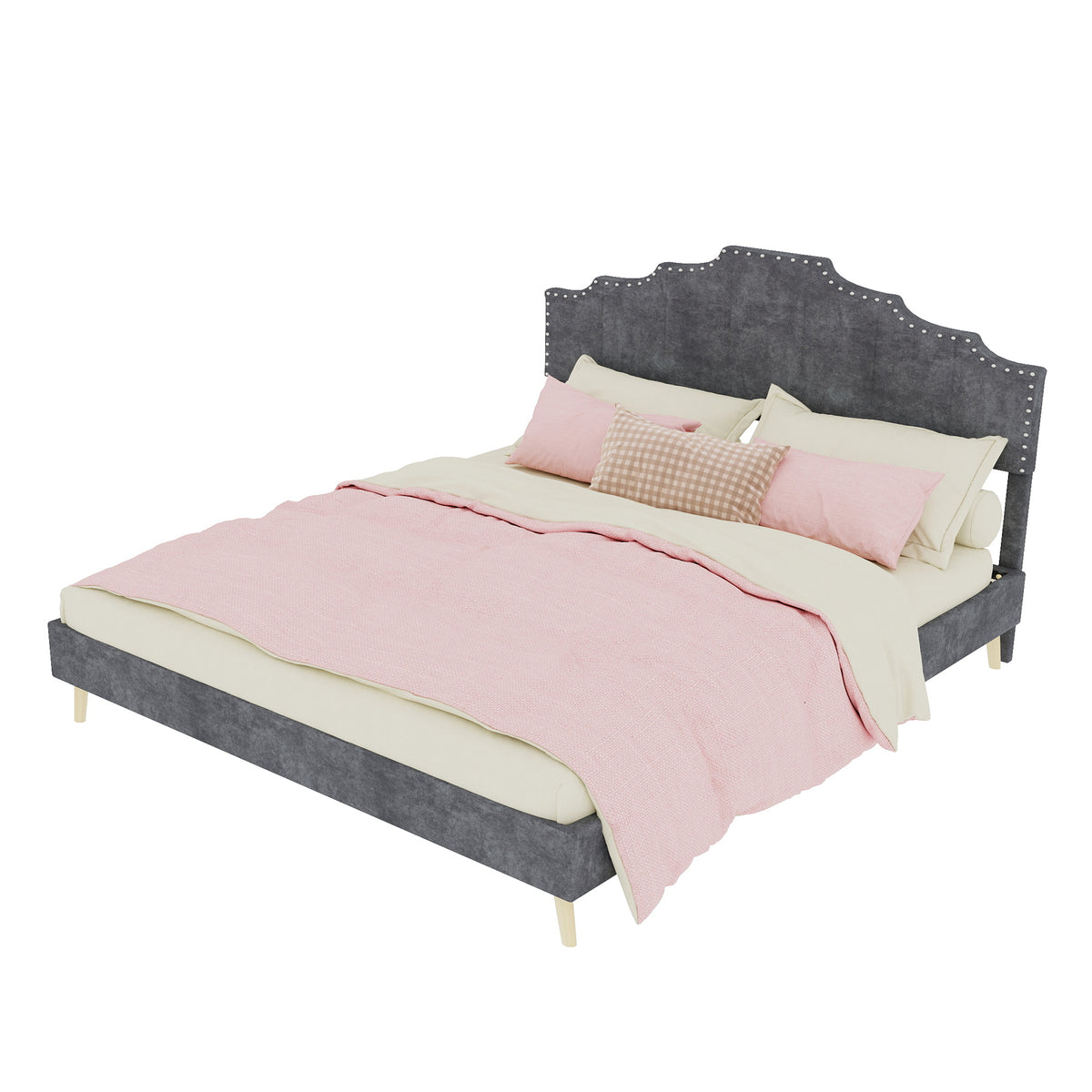 Modern Minimalist Soft Bed 160x200cm with Mattress, Gray