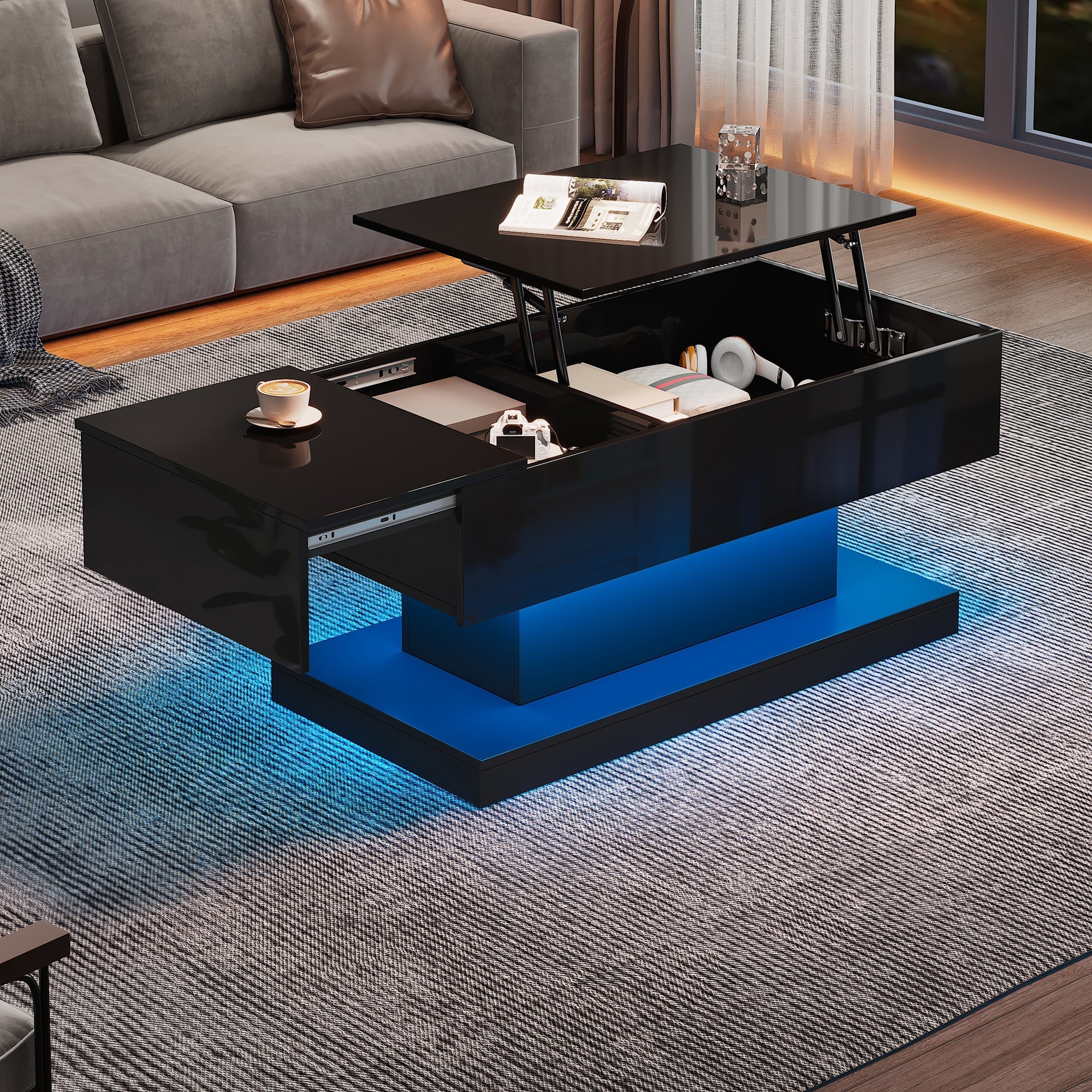 High-gloss Lift-Up Tea Table, LED Coffee Table with Storage, 100x50x45 cm