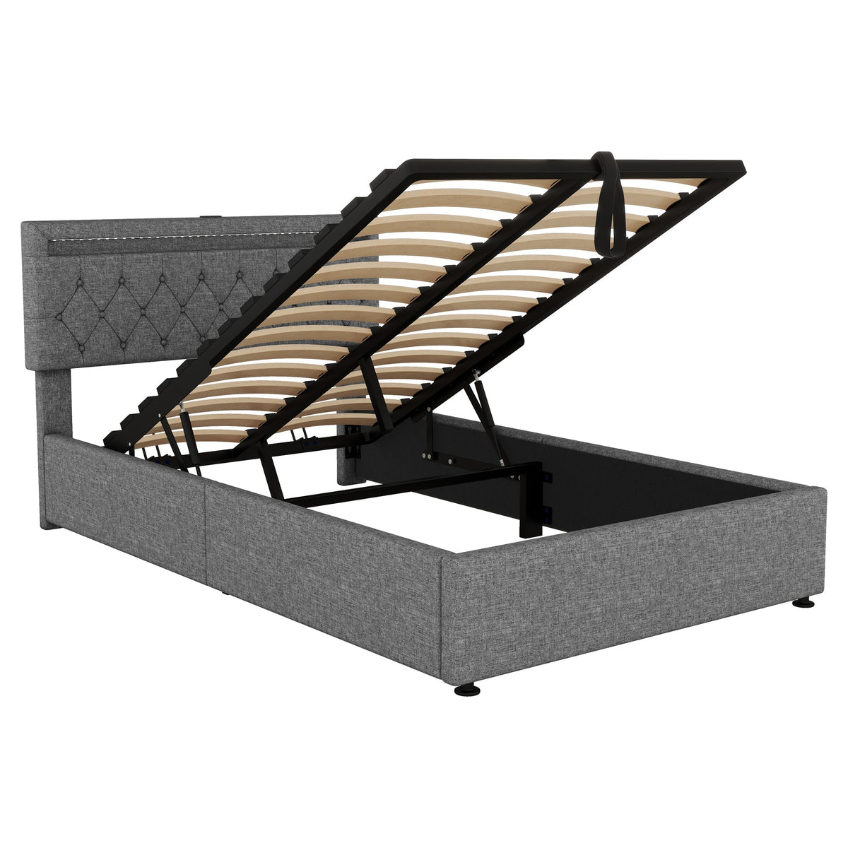 Upholstered Bed 140x200cm Hydraulic Storage Adjustable Height LED USB/Type-C - Grey