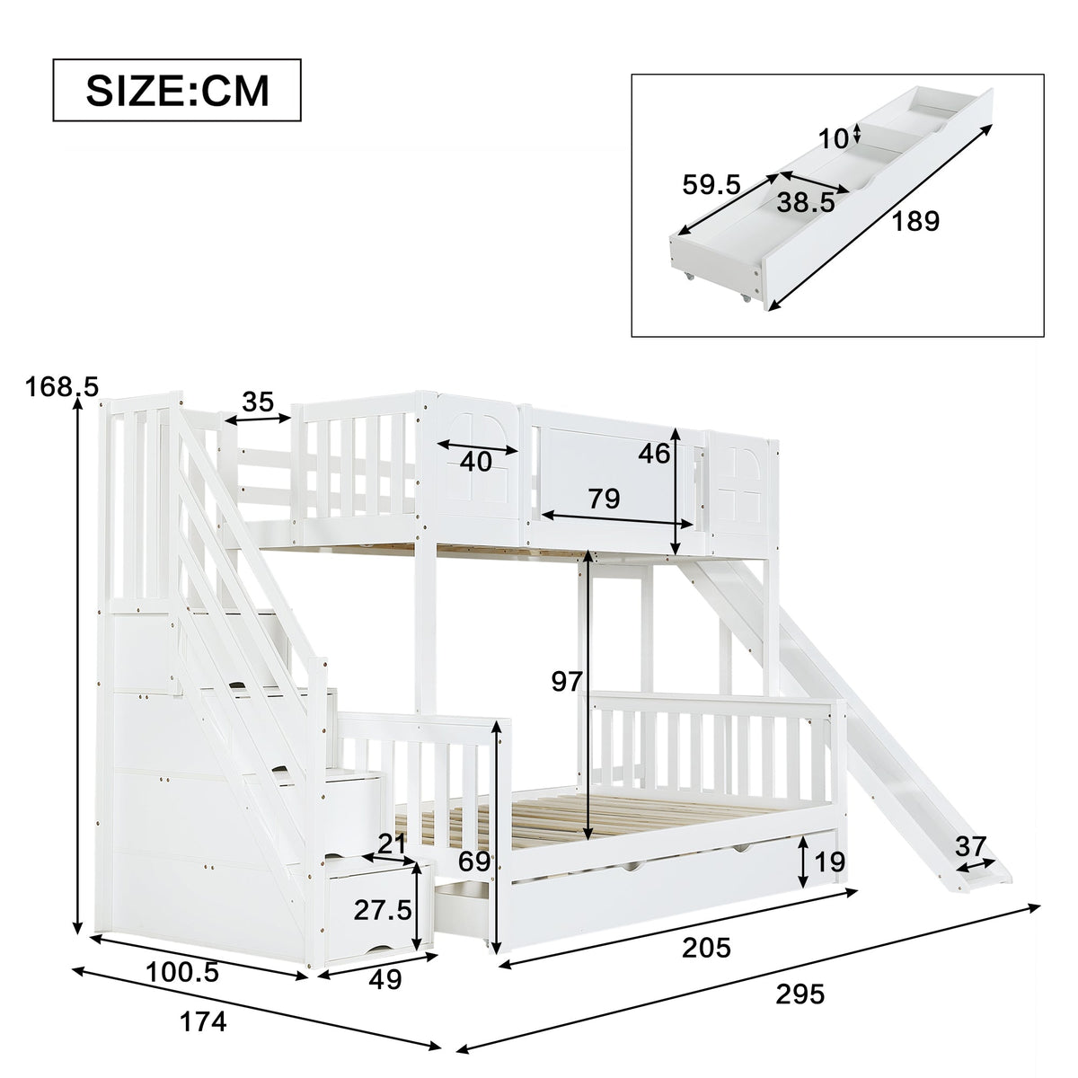 Bunk Bed, Children's with Slide, Drawers, Stairs & Lockers, Pine+MDF White
