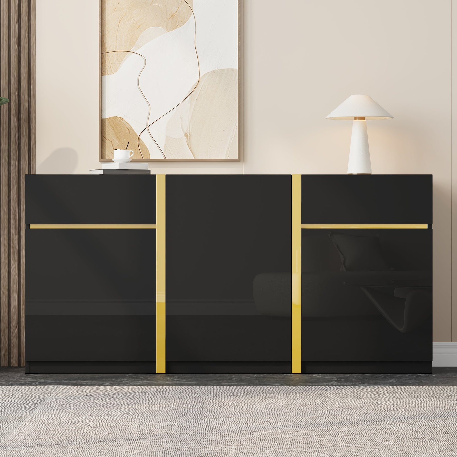 Luxurious Sideboard with 3 Doors and 2 Drawers, High-Gloss Lacquer Finish