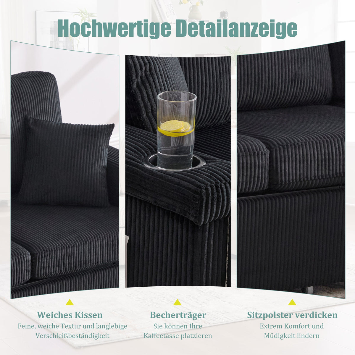 Velvet Sofa with LED & USB-C, Storage Footrest, Cup Holders, Black