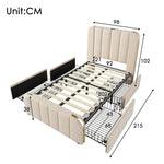 Upholstered Single Bed with USB-C Charging, 4 Drawers, Beige Linen