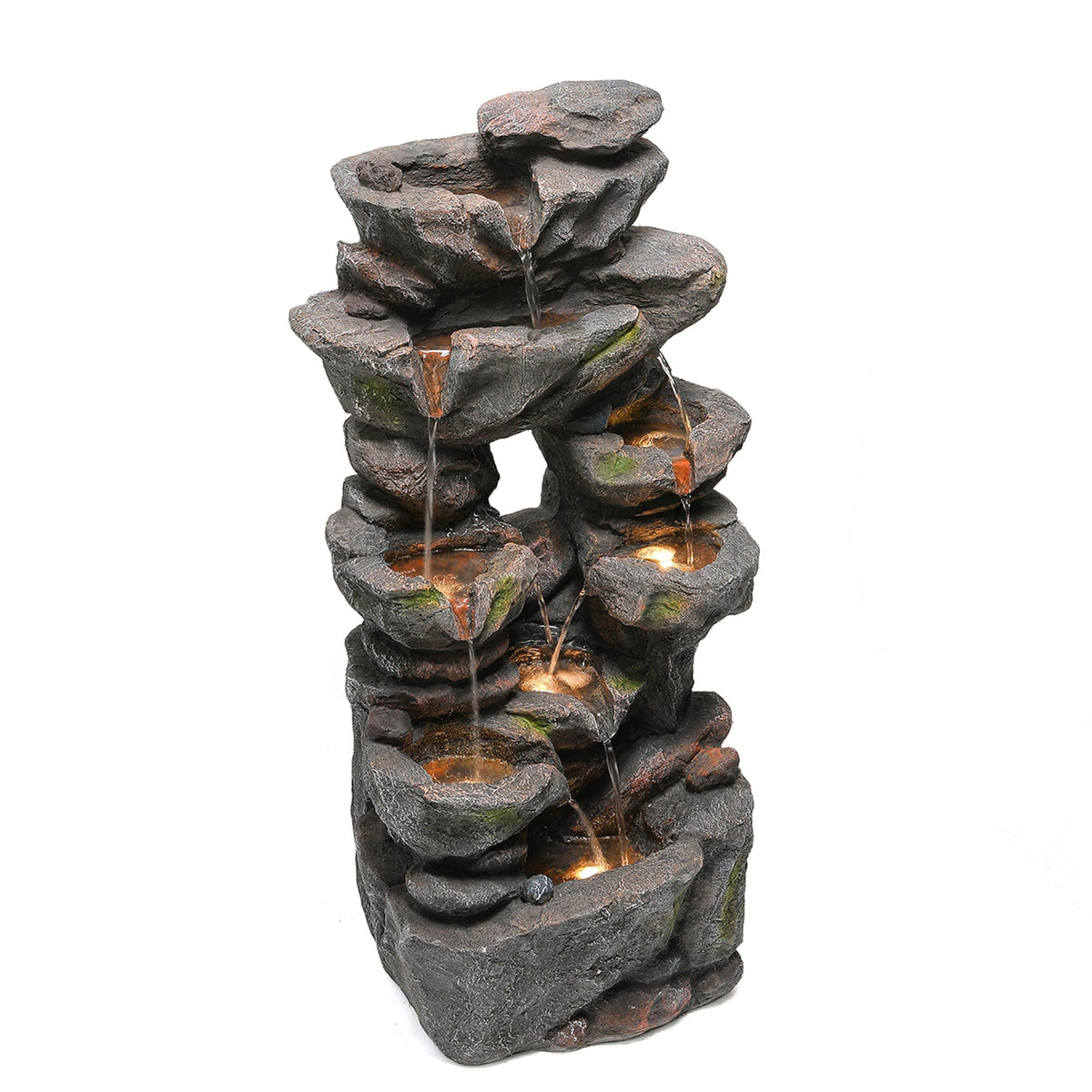 Garden Fountain with LED Lighting, Water Pump and Decorative Basin, Artificial Stone Grey
