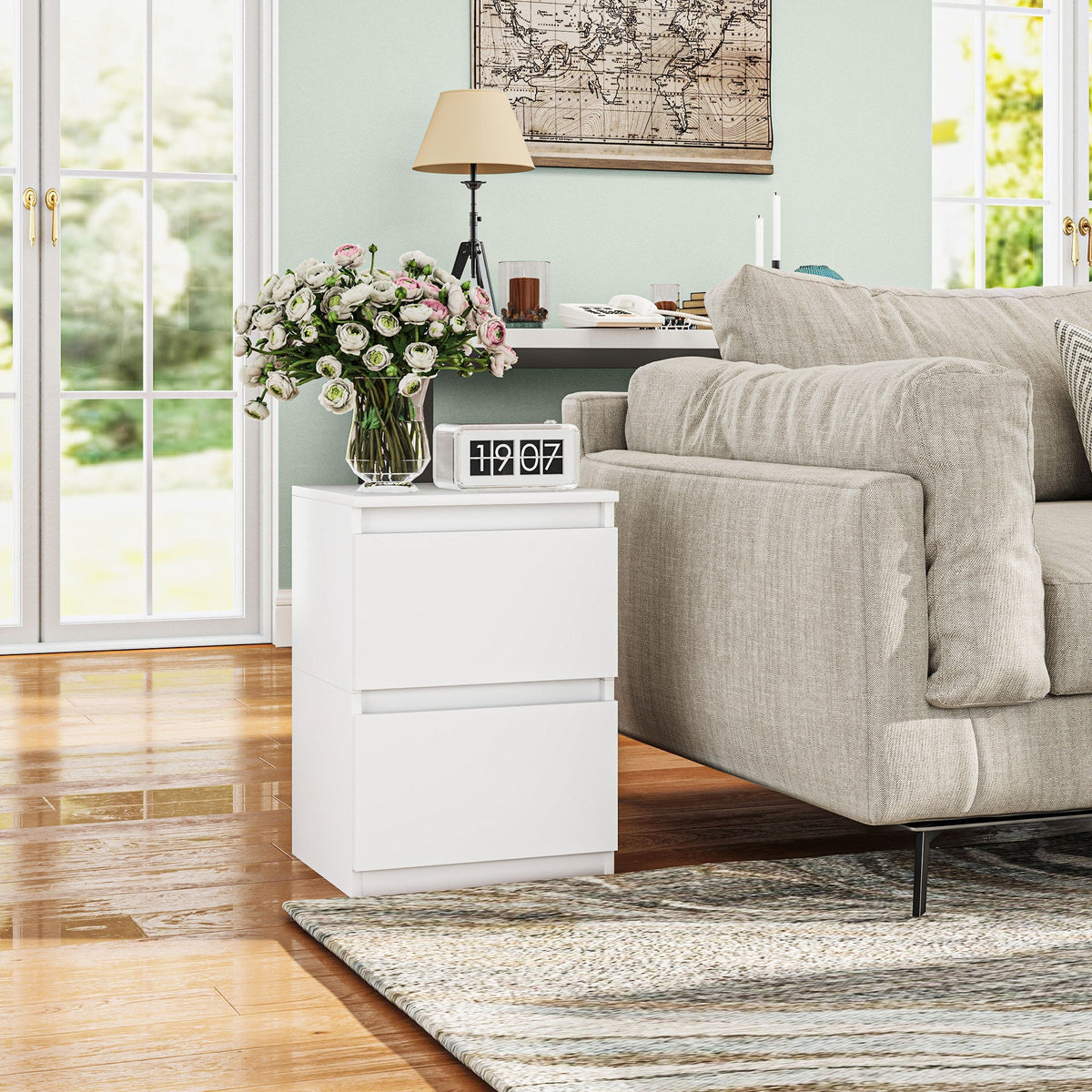 Bedside Table, 2 Drawers Storage Nightstand, White