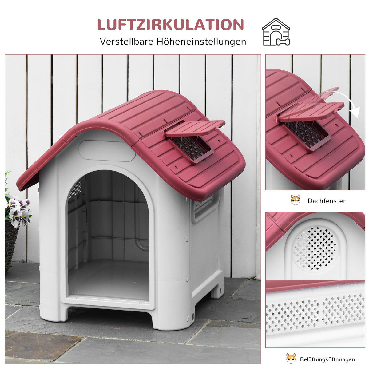 Outdoor Dog Kennel with Roof Hatch, Gate, Air Circulation, Red
