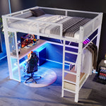 Metal Play Loft Bed 140x200cm, USB LED Desk Wardrobe Storage, White