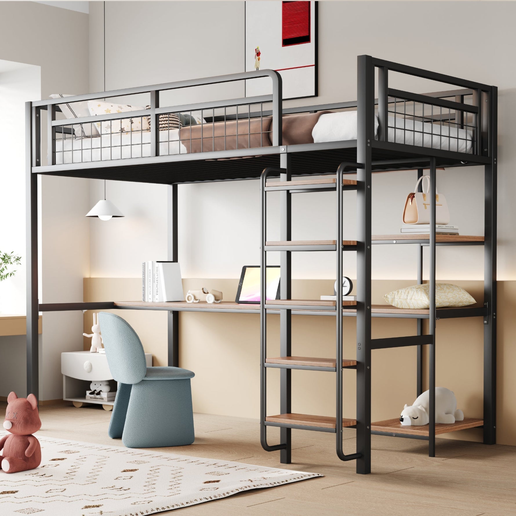 Metal Loft Bed 90x200cm Safety Ladder Storage Black