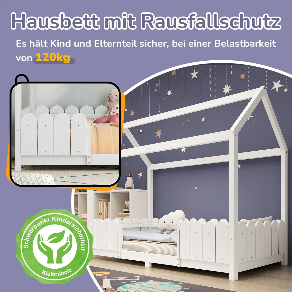 House bed 90x200 cm - versatile wooden children's bed with fall protection and slatted frame - white