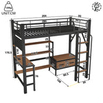 Loft Bed 90x200 with Desk, Shelves & LED Light, Black Iron Frame