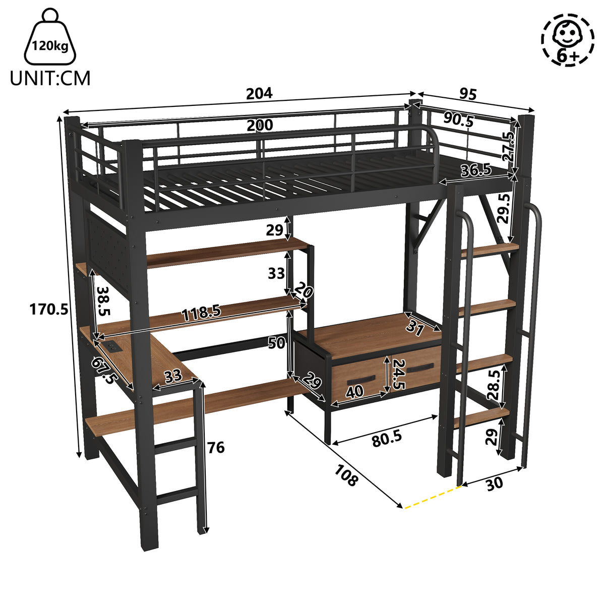 Loft Bed 90x200 with Desk, Shelves & LED Light, Black Iron Frame