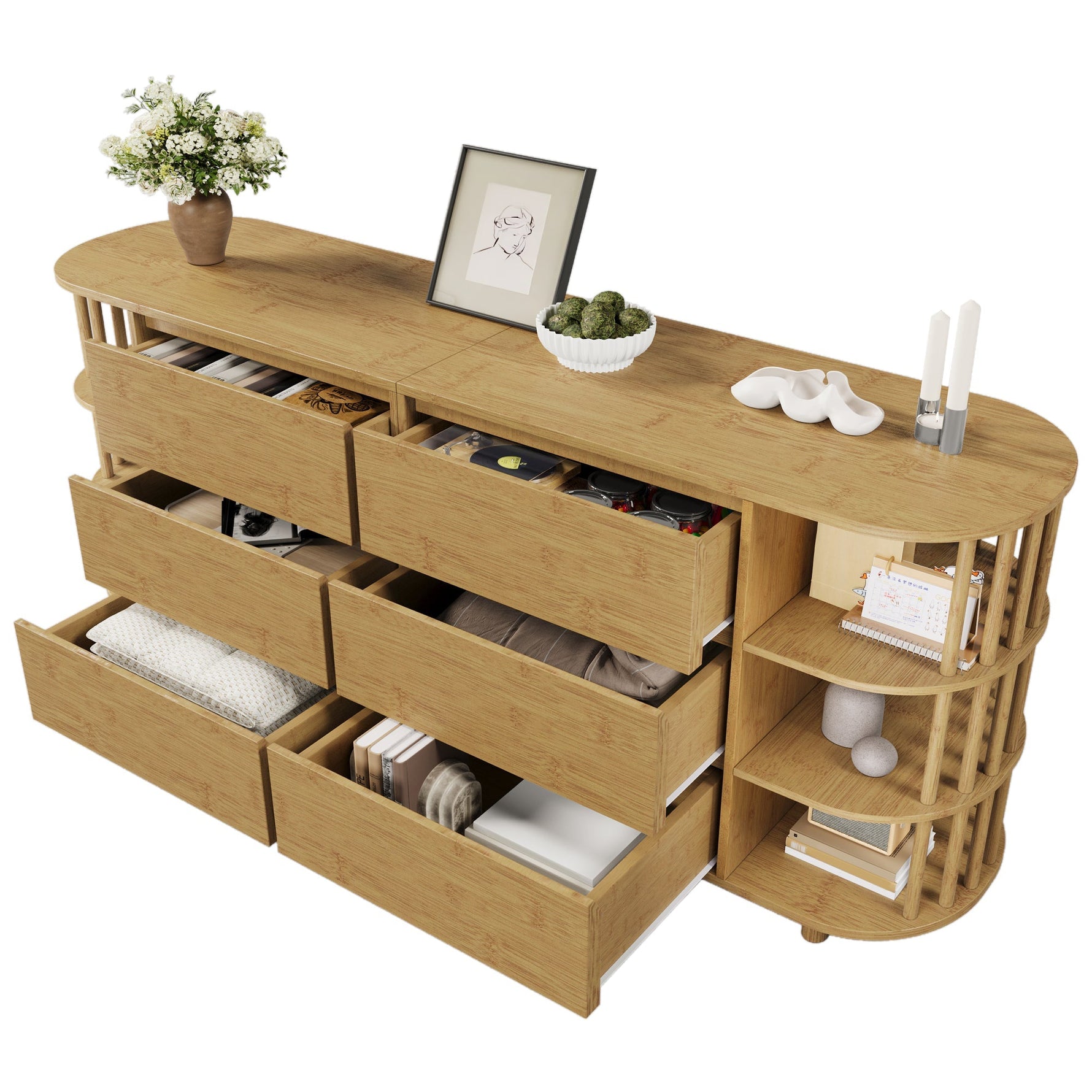 Sideboard 160cm Roman Design Bamboo Shelves 6 Drawers Oak