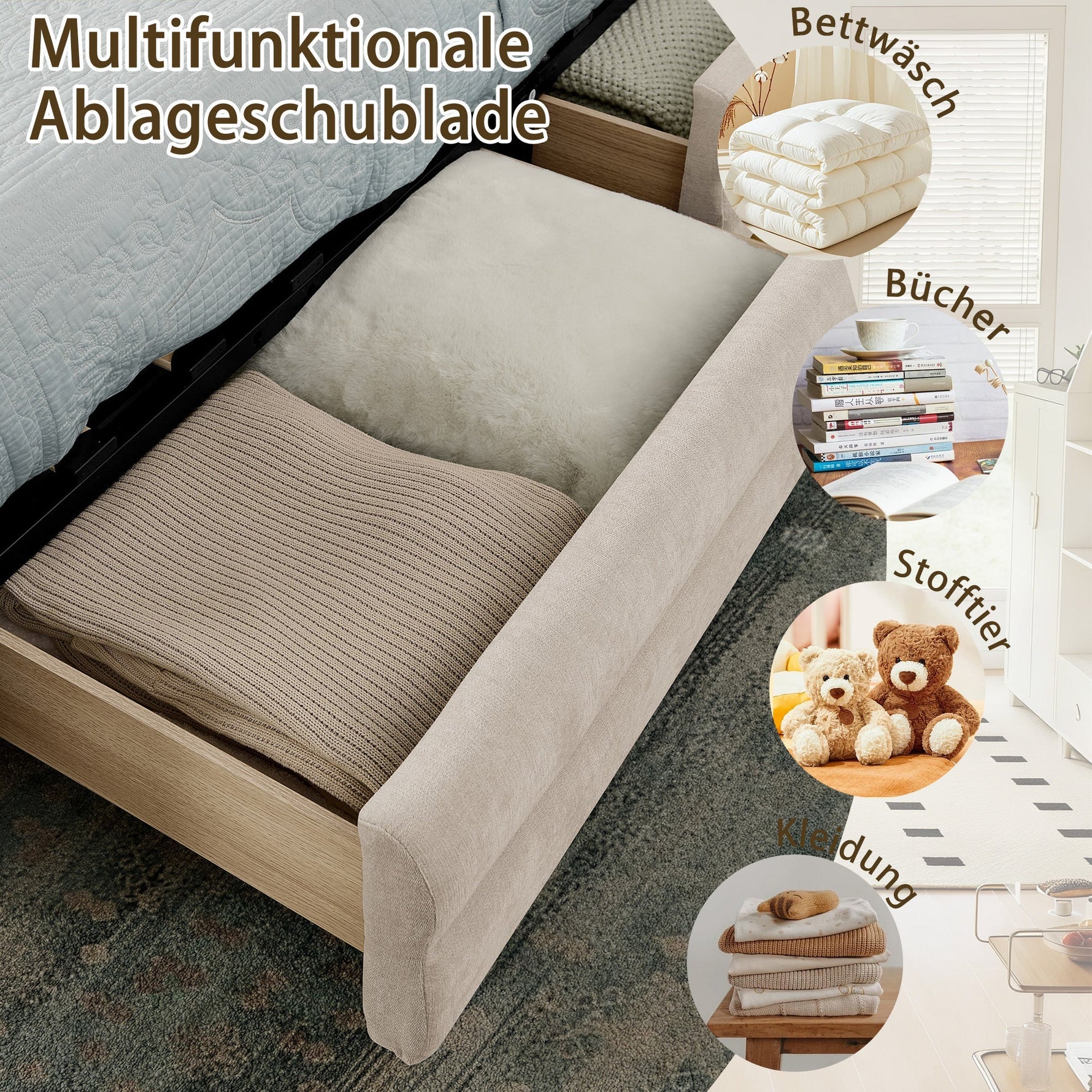 Double Bed 140x200cm Storage USB Port Chenille Beige
